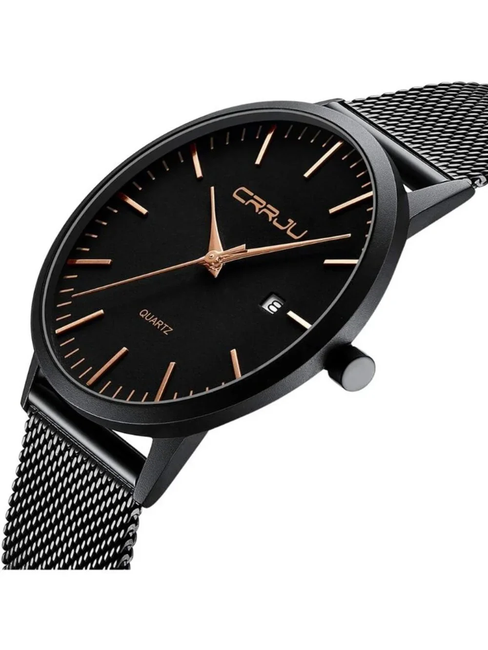 Men's Black Rose Minimalist Luxury Quartz Stainless Steel Band Wrist Watch